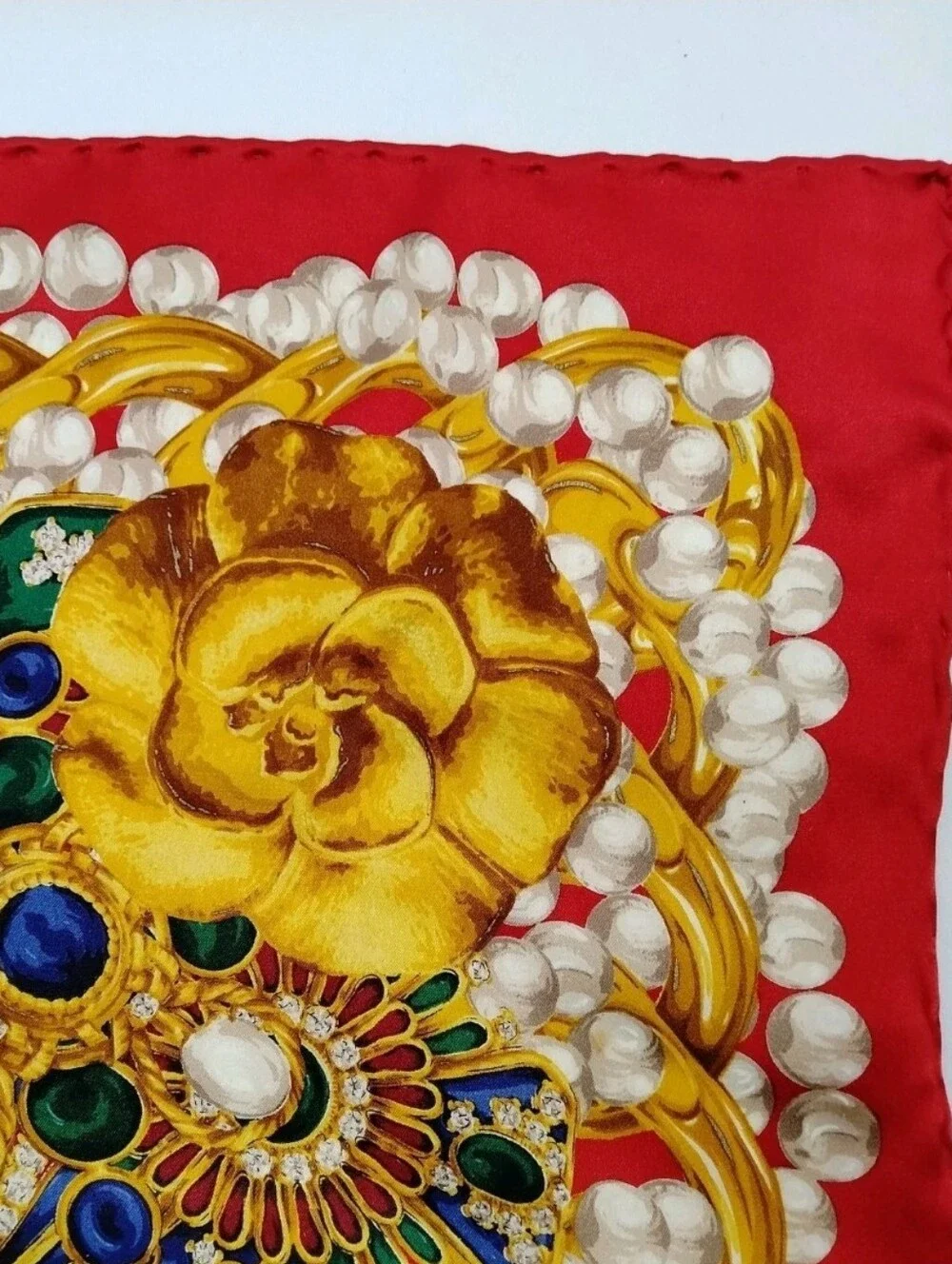 Auth Chanel Camellia And Jeweled Floral Silk Scarf with Gold Roses